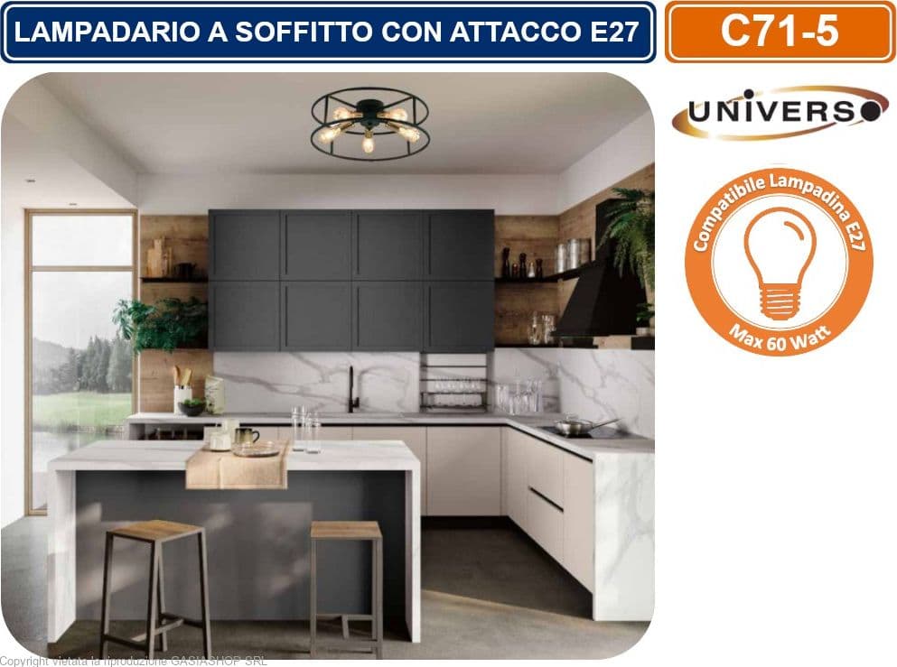 PLAFONIERA LAMPADARIO DA SOFFITTO CIRCOLARE STILE INDUSTRIALE CON 5 ATTACCHI PER LAMPADINE E27 - 3