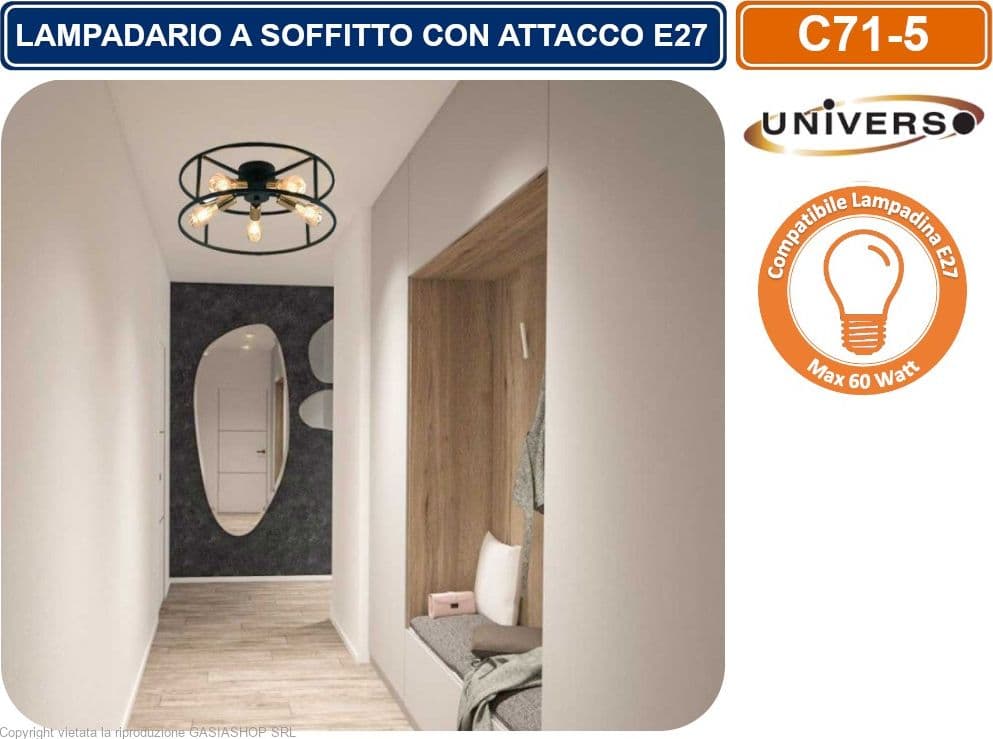 PLAFONIERA LAMPADARIO DA SOFFITTO CIRCOLARE STILE INDUSTRIALE CON 5 ATTACCHI PER LAMPADINE E27 - 4