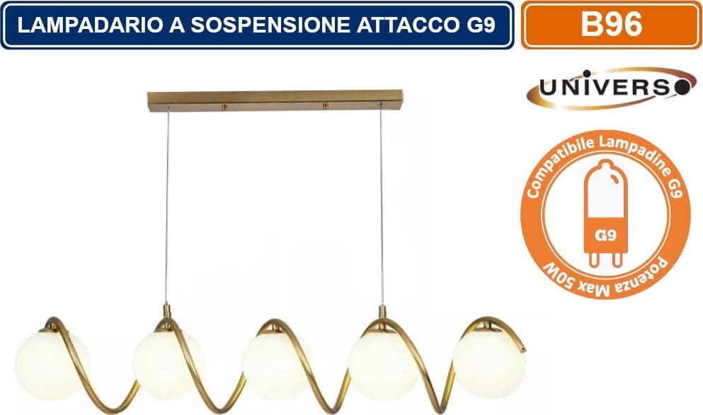 LAMPADARIO A SOSPENSIONE DA SOFFITTO TWISTER CON 5 SFERE IN VETRO ATTACCHI PER LAMPADINE G9
