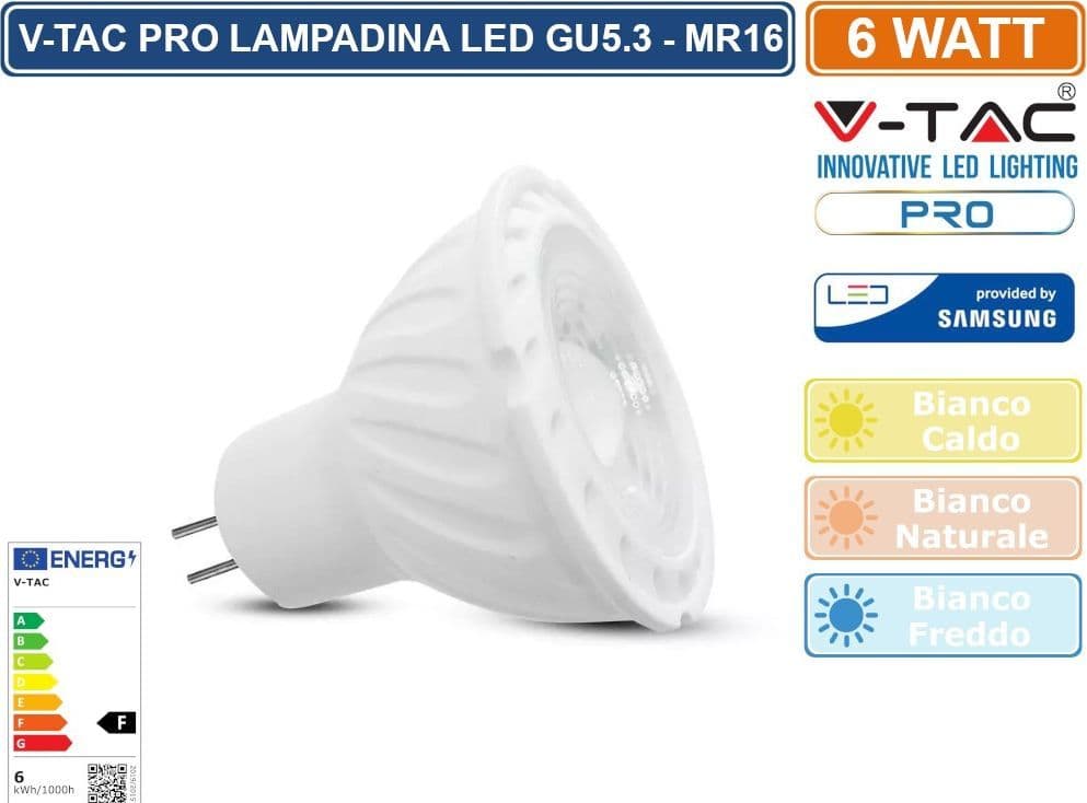 V-TAC PRO VT-267 LAMPADINA LED PAR16 GU5.3 (MR16) 6W FARETTO SMD CHIP SAMSUNG - SKU 21207 / 21208 / 21209 - 4