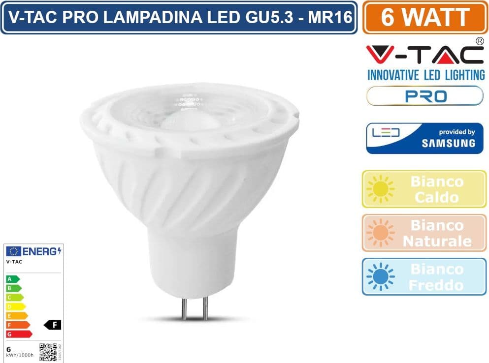 V-TAC PRO VT-267 LAMPADINA LED PAR16 GU5.3 (MR16) 6W FARETTO SMD CHIP SAMSUNG - SKU 21207 / 21208 / 21209 - 2