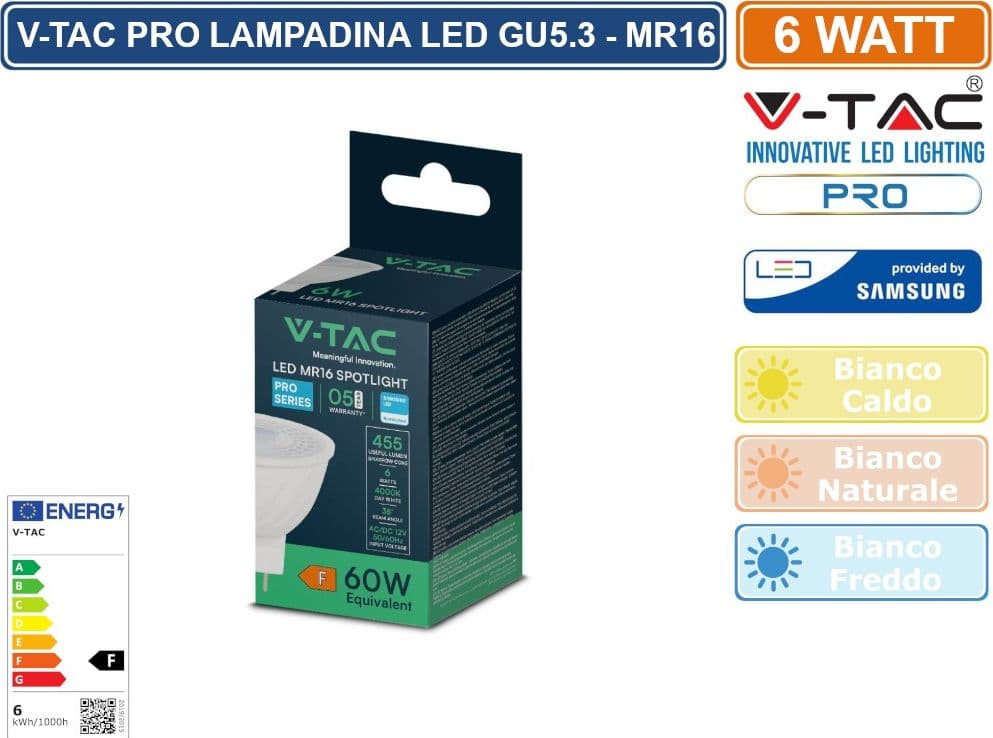 V-TAC PRO VT-267 LAMPADINA LED PAR16 GU5.3 (MR16) 6W FARETTO SMD CHIP SAMSUNG - SKU 21207 / 21208 / 21209 - 3