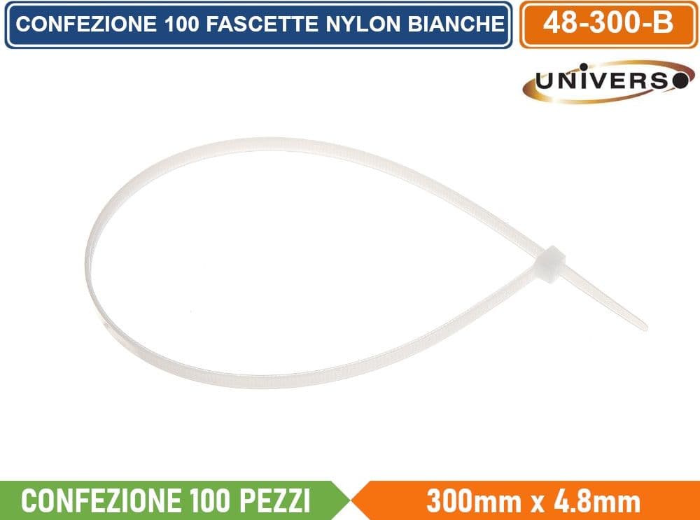 CONFEZIONE 100 PEZZI FASCETTE SERRACAVO AUTOBLOCCANTI IN NYLON BIANCO 4.8mm X 300mm - 2