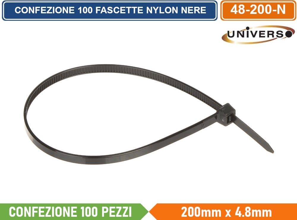 CONFEZIONE 100 PEZZI FASCETTE SERRACAVO AUTOBLOCCANTI IN NYLON NERO 4.8mm X 200mm - 2