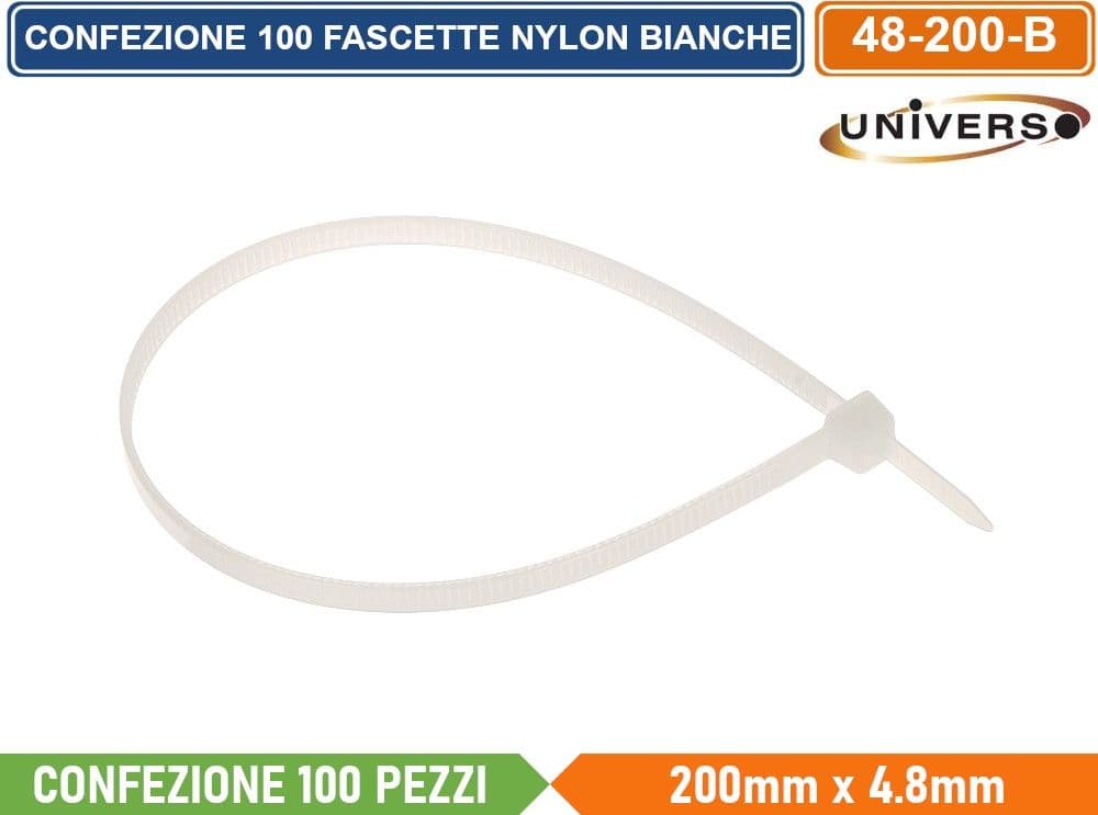 CONFEZIONE 100 PEZZI FASCETTE SERRACAVO AUTOBLOCCANTI IN NYLON BIANCO 4.8mm X 200mm - 2