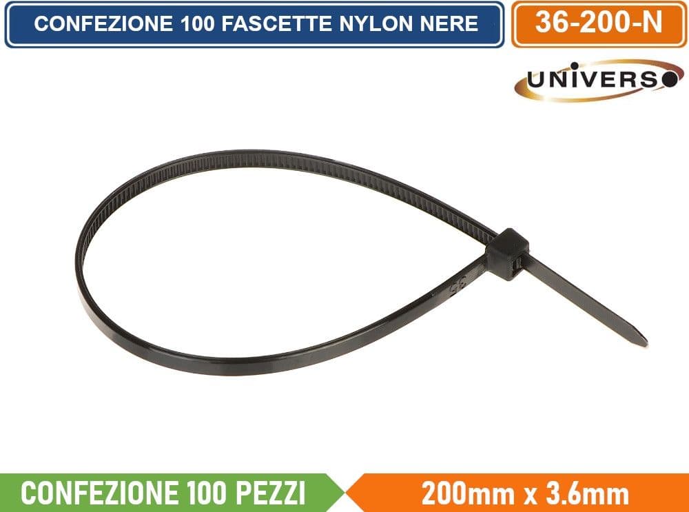 CONFEZIONE 100 PEZZI FASCETTE SERRACAVO AUTOBLOCCANTI IN NYLON NERO 3.6mm X 200mm - 2