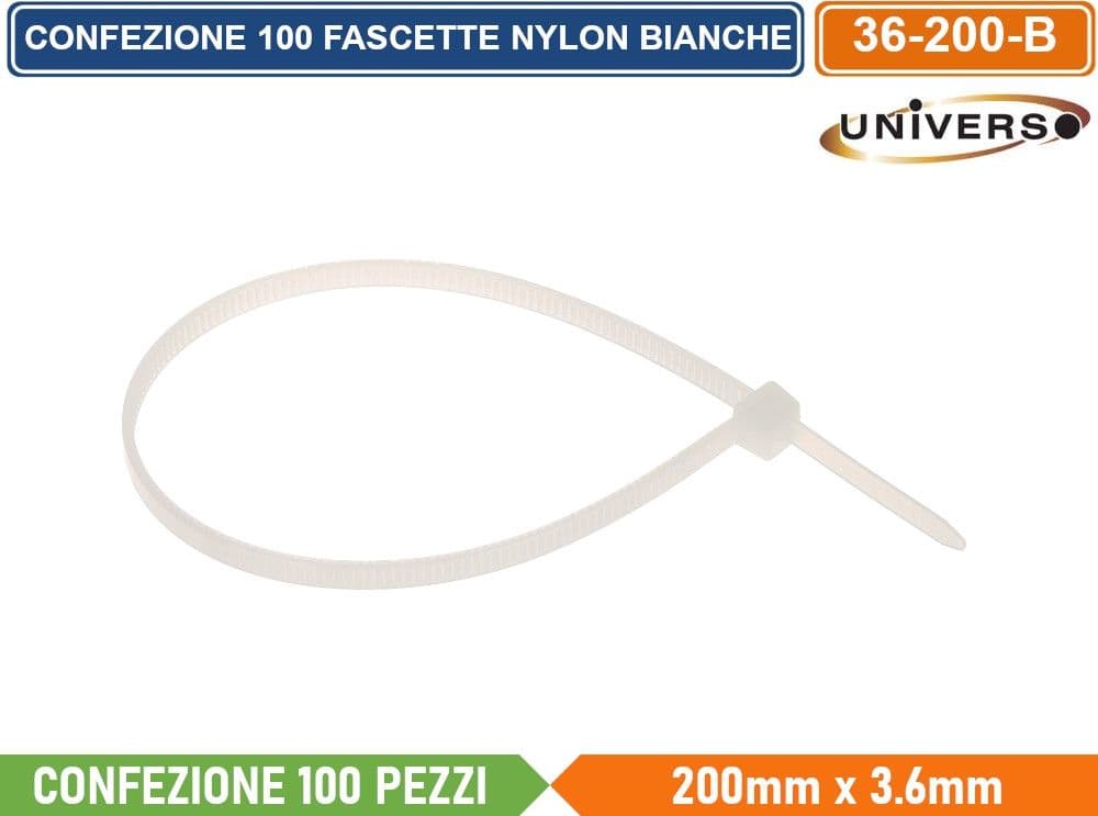 CONFEZIONE 100 PEZZI FASCETTE SERRACAVO AUTOBLOCCANTI IN NYLON BIANCO 3.6mm X 200mm - 2