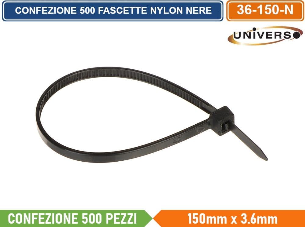CONFEZIONE 500 PEZZI FASCETTE SERRACAVO AUTOBLOCCANTI IN NYLON NERO 3.6mm X 150mm - 2