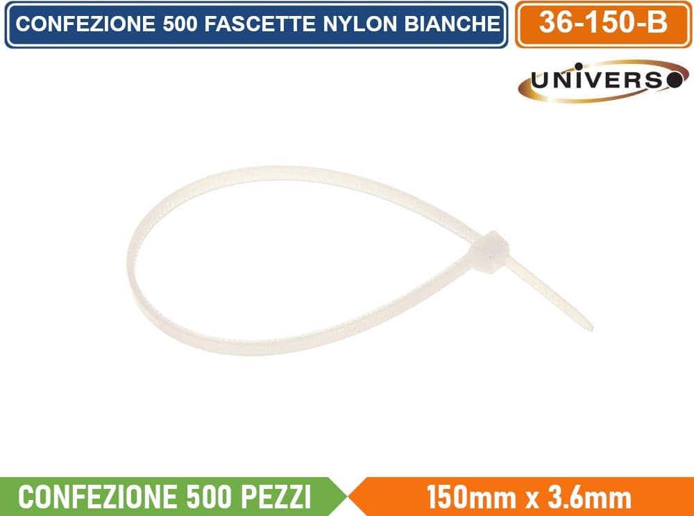 CONFEZIONE 500 PEZZI FASCETTE SERRACAVO AUTOBLOCCANTI IN NYLON BIANCO 3.6mm X 150mm - 2