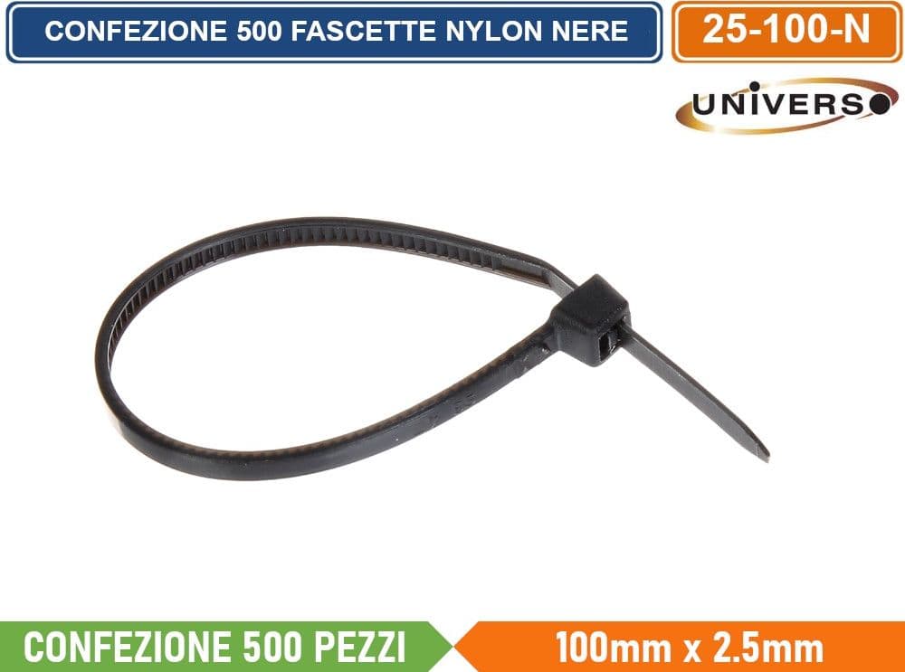 CONFEZIONE 500 PEZZI FASCETTE SERRACAVO AUTOBLOCCANTI IN NYLON NERO 2.5mm X 100mm - 2