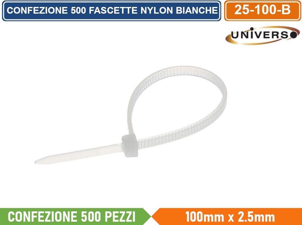 CONFEZIONE 500 PEZZI FASCETTE SERRACAVO AUTOBLOCCANTI IN NYLON BIANCO 2.5mm X 100mm - 2