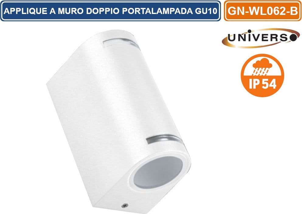 PORTALAMPADA APPLIQUE WALL LIGHT DOPPIO DA MURO PER 2 LAMPADINE GU10 IP54 DISPONIBILE BIANCO - NERO - 2