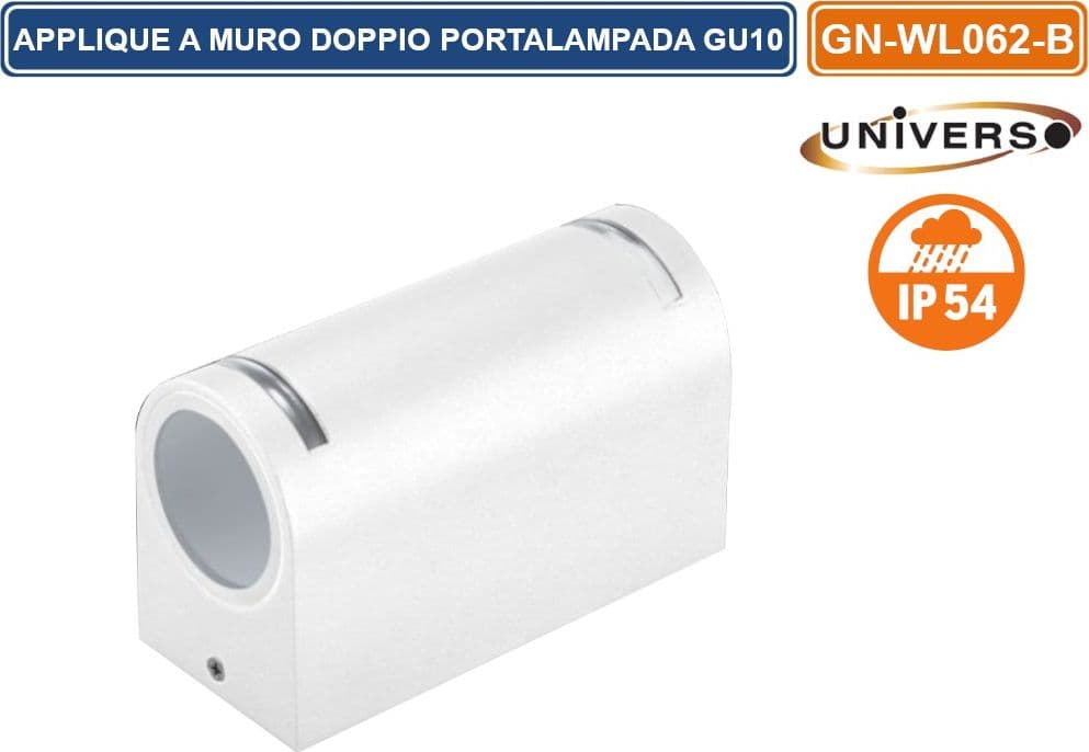 PORTALAMPADA APPLIQUE WALL LIGHT DOPPIO DA MURO PER 2 LAMPADINE GU10 IP54 DISPONIBILE BIANCO - NERO - 3