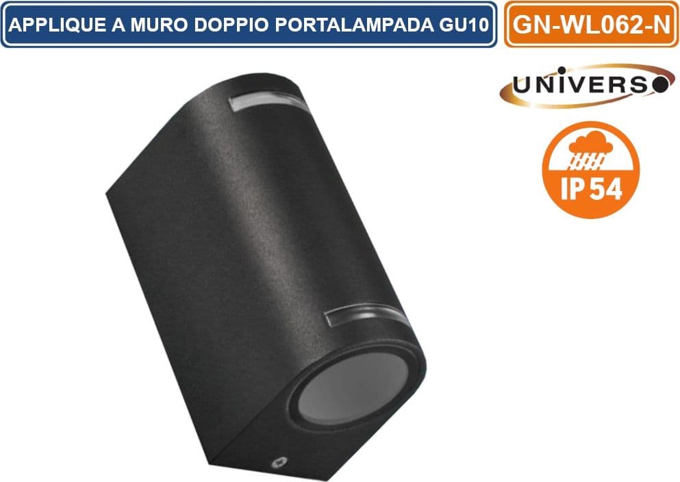 PORTALAMPADA APPLIQUE WALL LIGHT DOPPIO DA MURO PER 2 LAMPADINE GU10 IP54 DISPONIBILE BIANCO - NERO - 4
