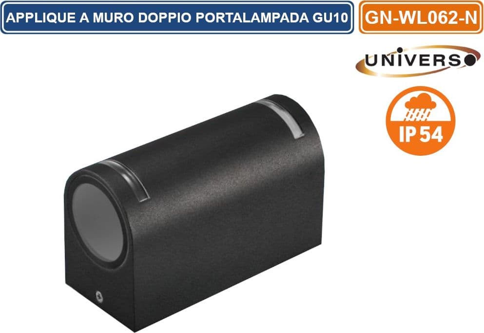 PORTALAMPADA APPLIQUE WALL LIGHT DOPPIO DA MURO PER 2 LAMPADINE GU10 IP54 DISPONIBILE BIANCO - NERO - 5