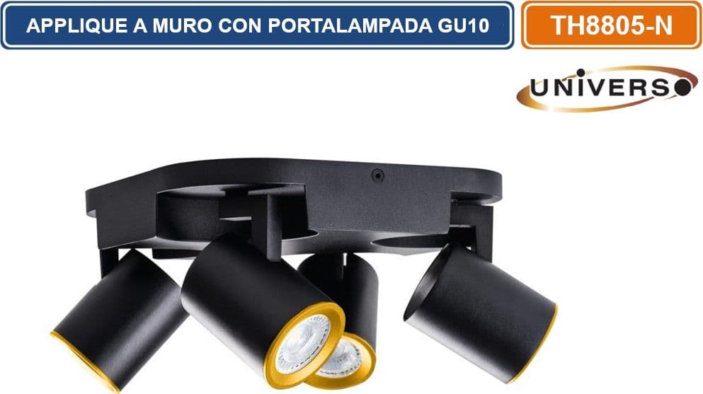 PORTALAMPADA APPLIQUE WALL LIGHT A SOFFITTO CON TESTE ORIENTABILI PER 4 LAMPADINE GU10 - 5