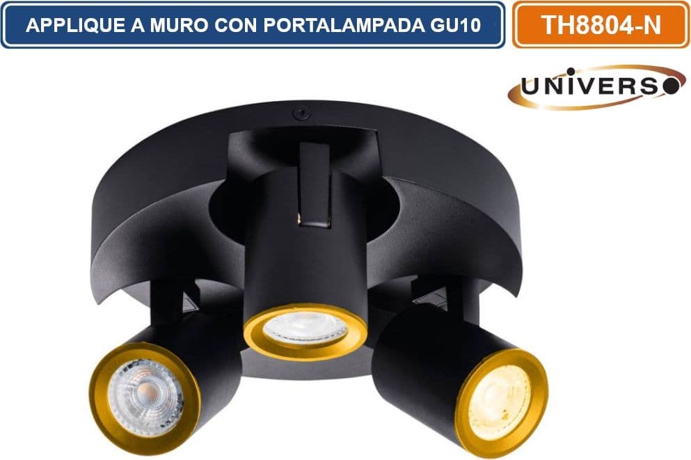PORTALAMPADA APPLIQUE WALL LIGHT A SOFFITTO CON TESTE ORIENTABILI PER 3 LAMPADINE GU10 - 4