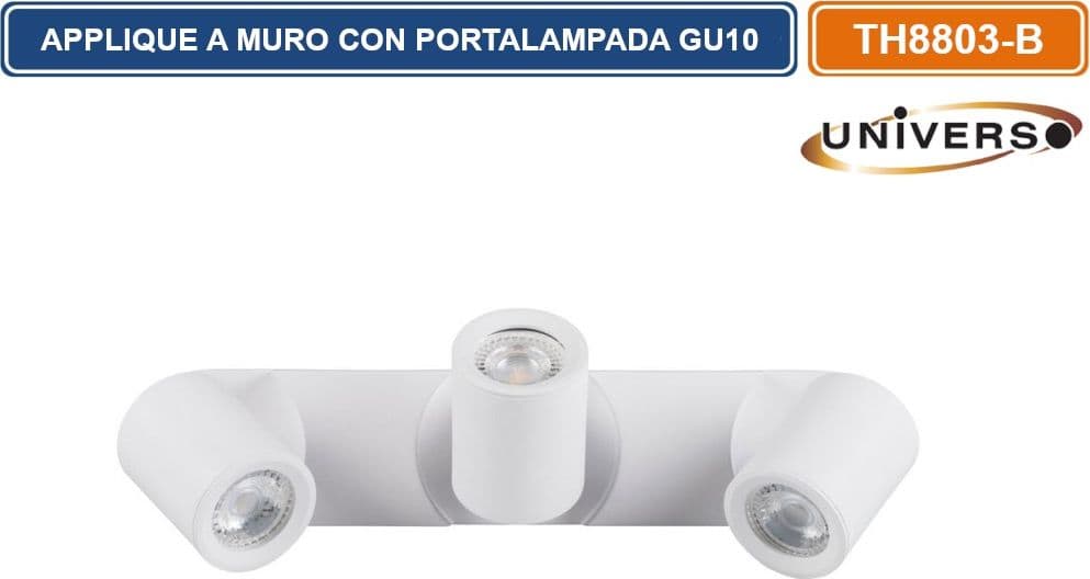 PORTALAMPADA APPLIQUE WALL LIGHT LINEARE A SOFFITTO CON TESTE ORIENTABILI PER 3 LAMPADINE GU10 - 3
