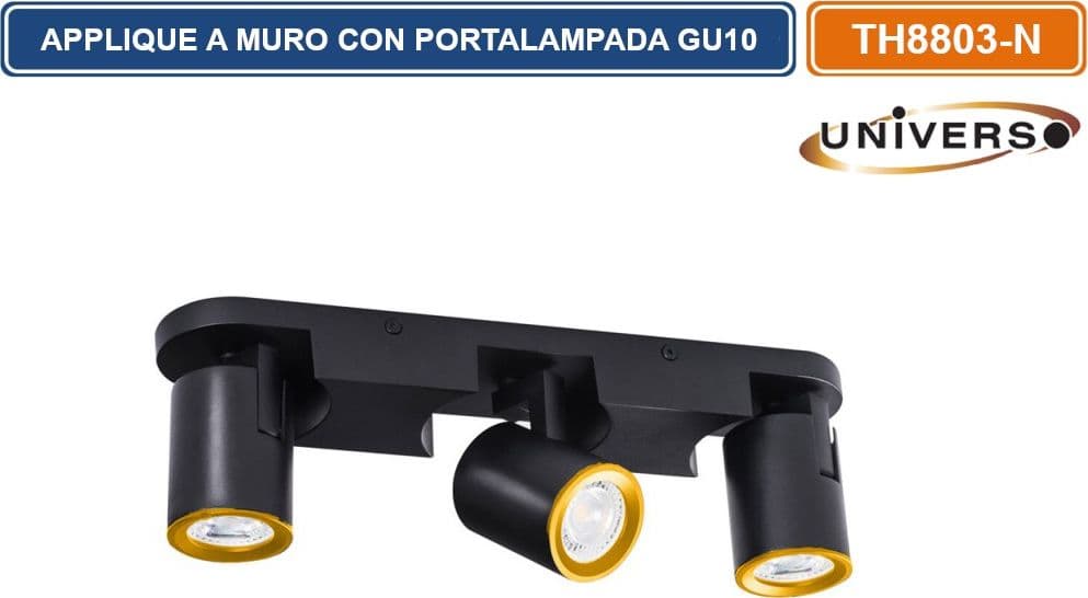 PORTALAMPADA APPLIQUE WALL LIGHT LINEARE A SOFFITTO CON TESTE ORIENTABILI PER 3 LAMPADINE GU10 - 4