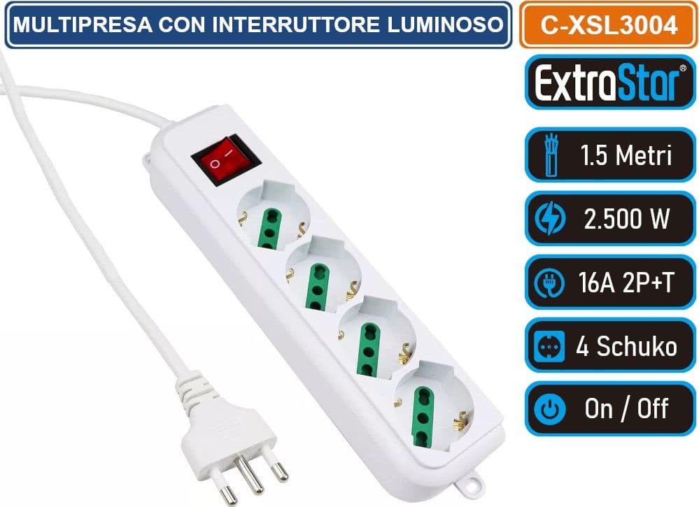 EXTRASTAR C-XSL3004 MULTIPRESA 4 POSTI 4 PRESE BIPASSO/SCHUKO COLORE BIANCO CON INTERRUTTORE GENERALE 2500 WATT