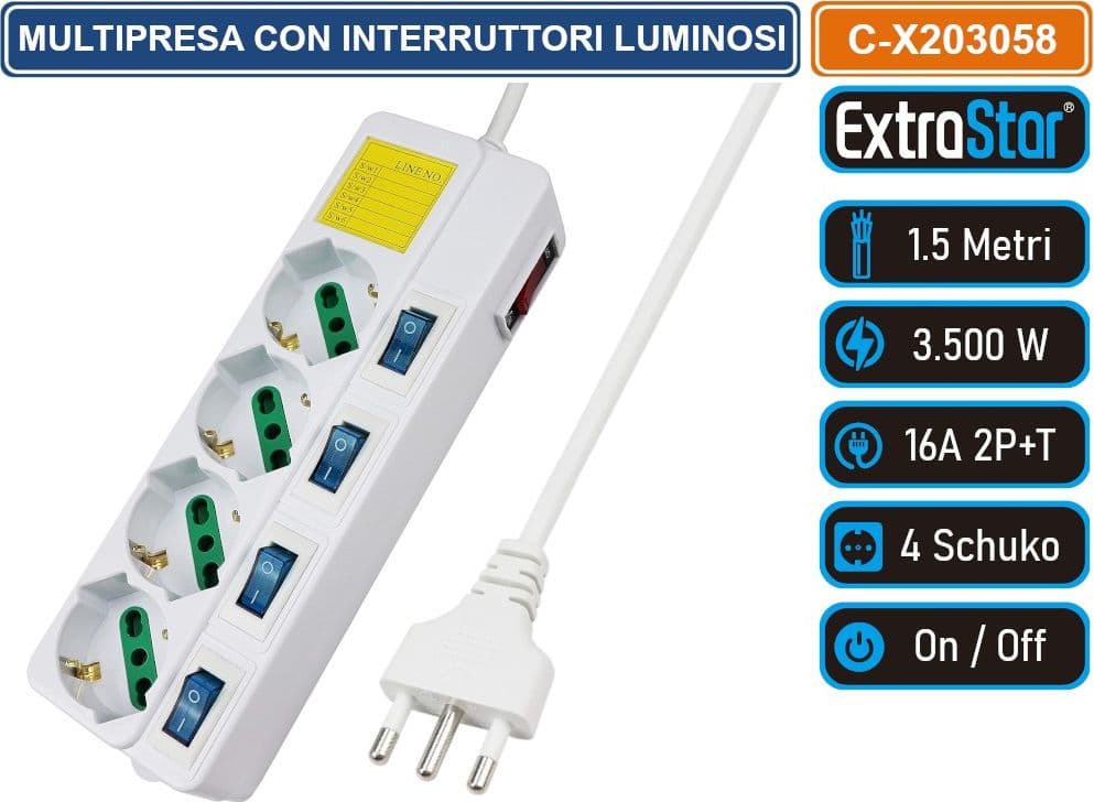 MULTIPRESA CON 4 PRESE BIPASSO/SCHUKO COLORE BIANCO CON INTERRUTTORI SINGOLI E GENERALE 2500 WATT