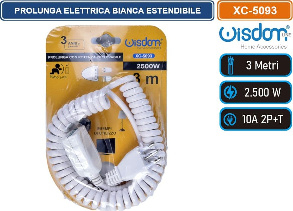 PROLUNGA ELETTRICA BIANCA ESTENDIBILE DA 0,8 A 3 METRI FLESSIBILITA' E SICUREZZA CON SPINA S11 PER CONNESSIONI DOMESTICHE E PROFESSIONALI - 2
