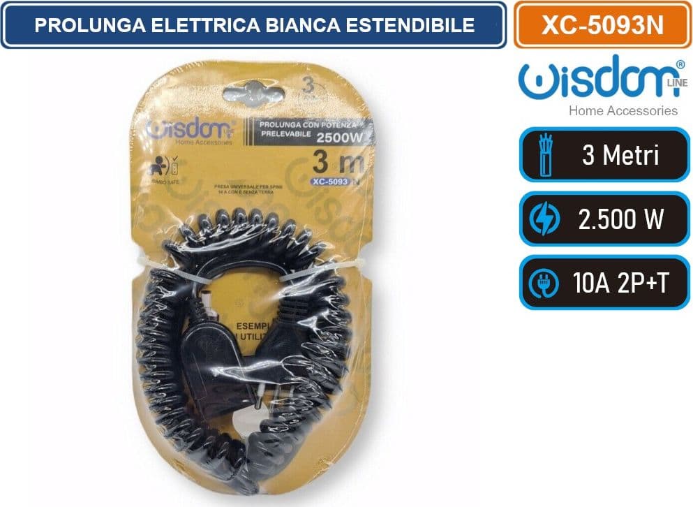 PROLUNGA ELETTRICA NERA ESTENDIBILE DA 0,8 A 3 METRI FLESSIBILITA' E SICUREZZA CON SPINA S11 PER CONNESSIONI DOMESTICHE E PROFESSIONALI - 2