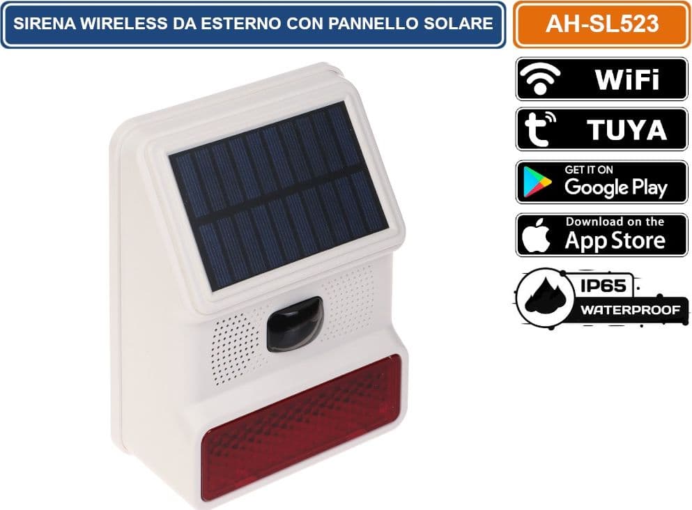 SIRENA DA ESTERNO WIRELESS CON PANNELLO SOLARE  PER SISTEMA DI ALLARME ATLO-AZ-WG13A-TUYA