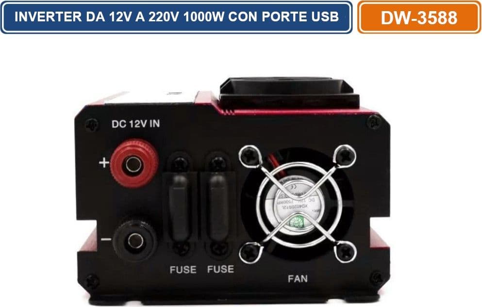 INVERTER CONVERTITORE DA 12V A 220V POTENZA NOMINALE 1000W CON PORTE USB PER CAMPER AUTO DW-3588 - 2