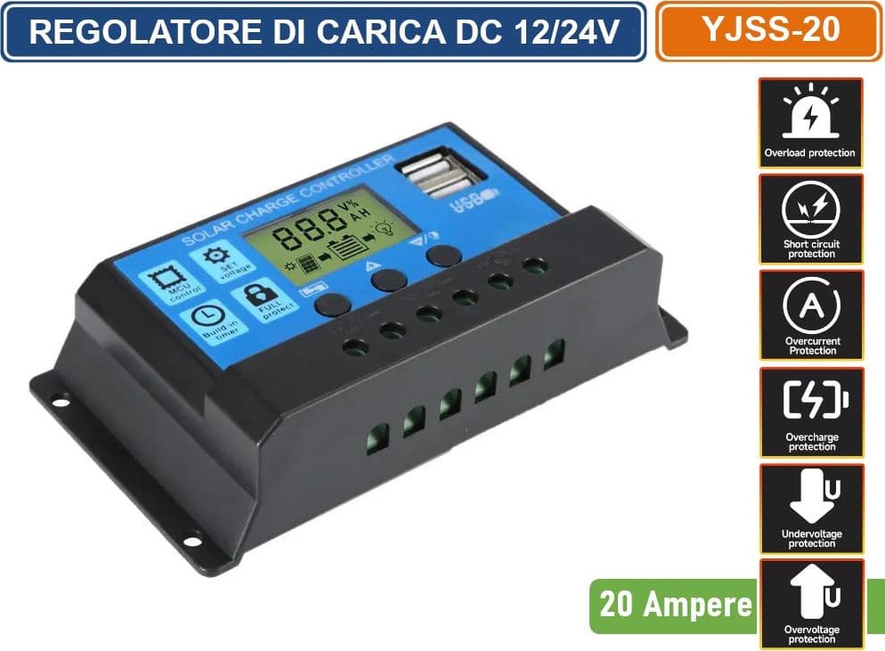REGOLATORE DI CARICA PWM PER PANNELLI SOLARI 20A DC 12/24V AUTOSELEZIONE CON DISPLAY DOPPIA PORTA USB - 2