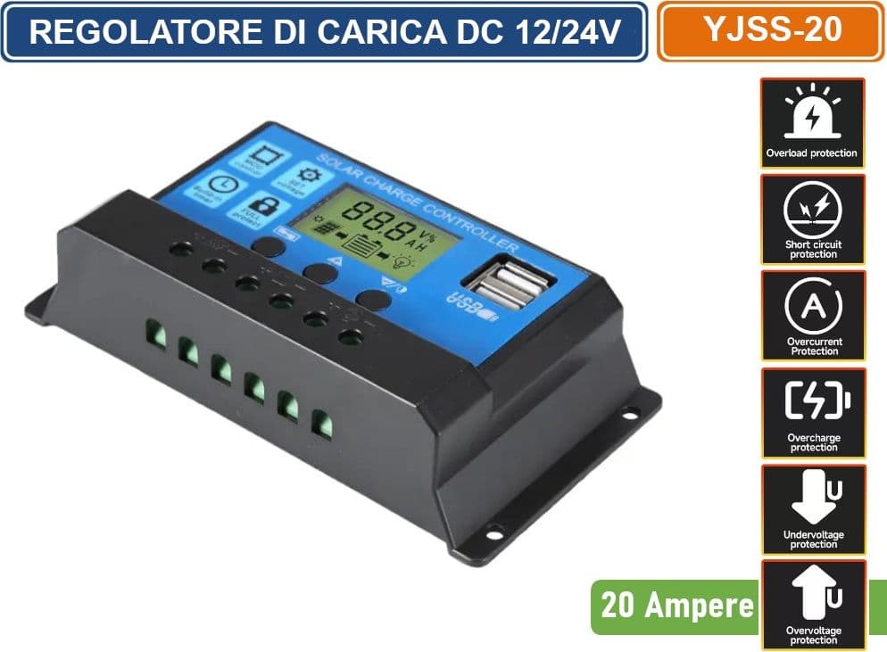REGOLATORE DI CARICA PWM PER PANNELLI SOLARI 20A DC 12/24V AUTOSELEZIONE CON DISPLAY DOPPIA PORTA USB - 3
