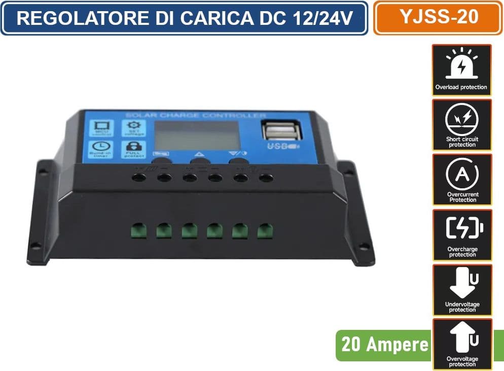 REGOLATORE DI CARICA PWM PER PANNELLI SOLARI 20A DC 12/24V AUTOSELEZIONE CON DISPLAY DOPPIA PORTA USB - 4