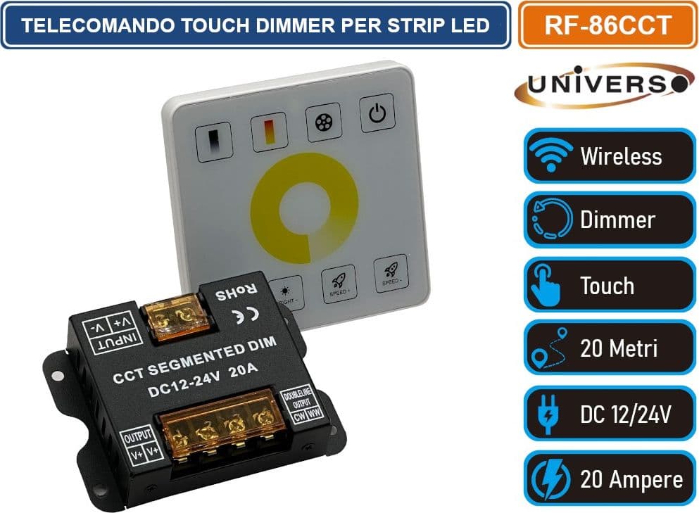 TELECOMANDO WIRELESS TOUCH DIMMER CAMBIO COLORE LUMINOSITA' PER STRIP LED 2 E 3 FILI DC 12/24V - 2