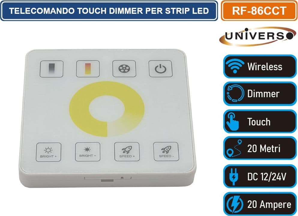 TELECOMANDO WIRELESS TOUCH DIMMER CAMBIO COLORE LUMINOSITA' PER STRIP LED 2 E 3 FILI DC 12/24V - 3