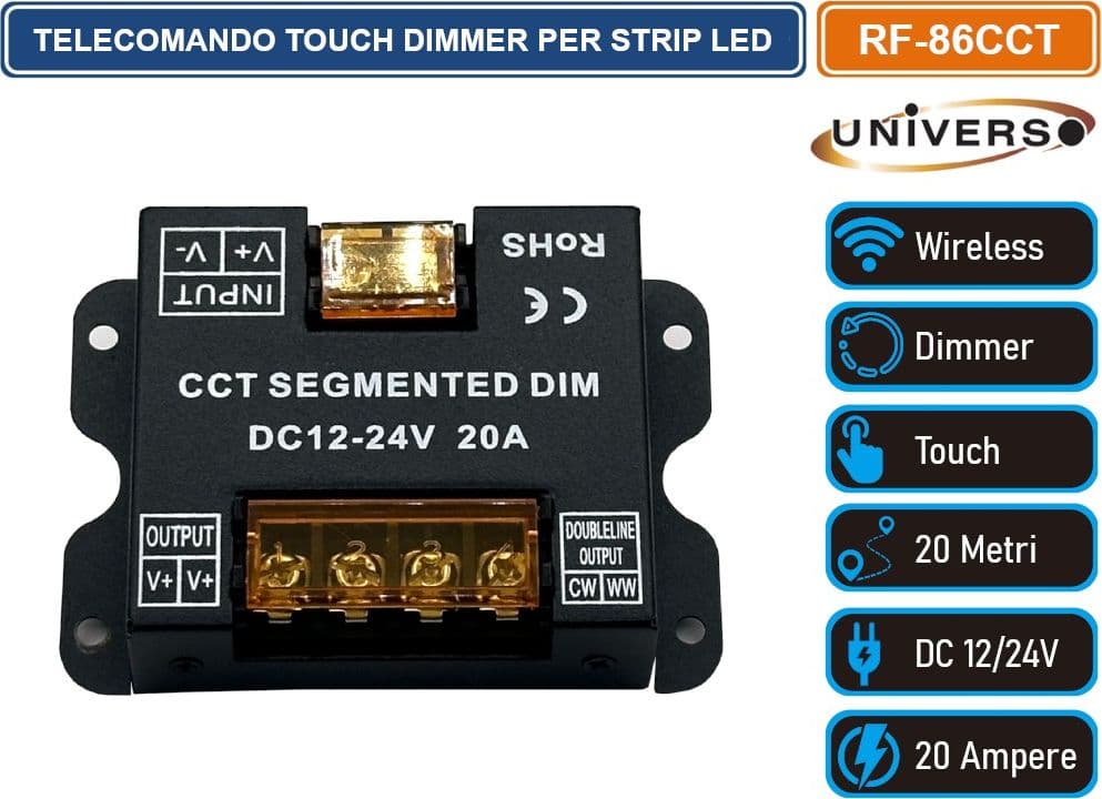 TELECOMANDO WIRELESS TOUCH DIMMER CAMBIO COLORE LUMINOSITA' PER STRIP LED 2 E 3 FILI DC 12/24V - 4