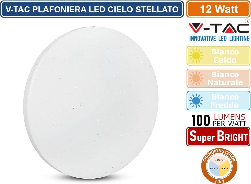 V-TAC VT-8412 PLAFONIERA LED ROTONDA 12W SMD CHANGING COLOR CCT 3IN1 EFFETTO CIELO STELLATO CON DRIVER - SKU 217602