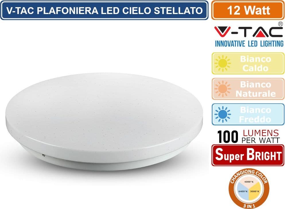 V-TAC VT-8412 PLAFONIERA LED ROTONDA 12W SMD CHANGING COLOR CCT 3IN1 EFFETTO CIELO STELLATO CON DRIVER - SKU 217602 - 2