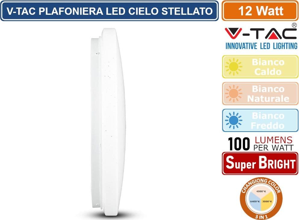 V-TAC VT-8412 PLAFONIERA LED ROTONDA 12W SMD CHANGING COLOR CCT 3IN1 EFFETTO CIELO STELLATO CON DRIVER - SKU 217602 - 3