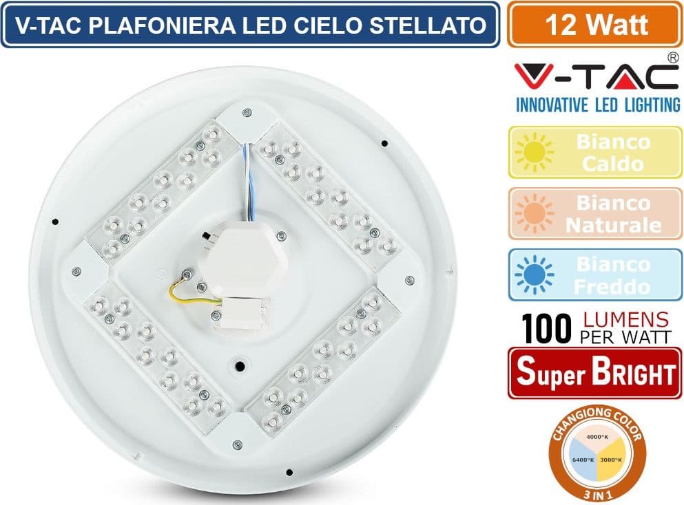 V-TAC VT-8412 PLAFONIERA LED ROTONDA 12W SMD CHANGING COLOR CCT 3IN1 EFFETTO CIELO STELLATO CON DRIVER - SKU 217602 - 5