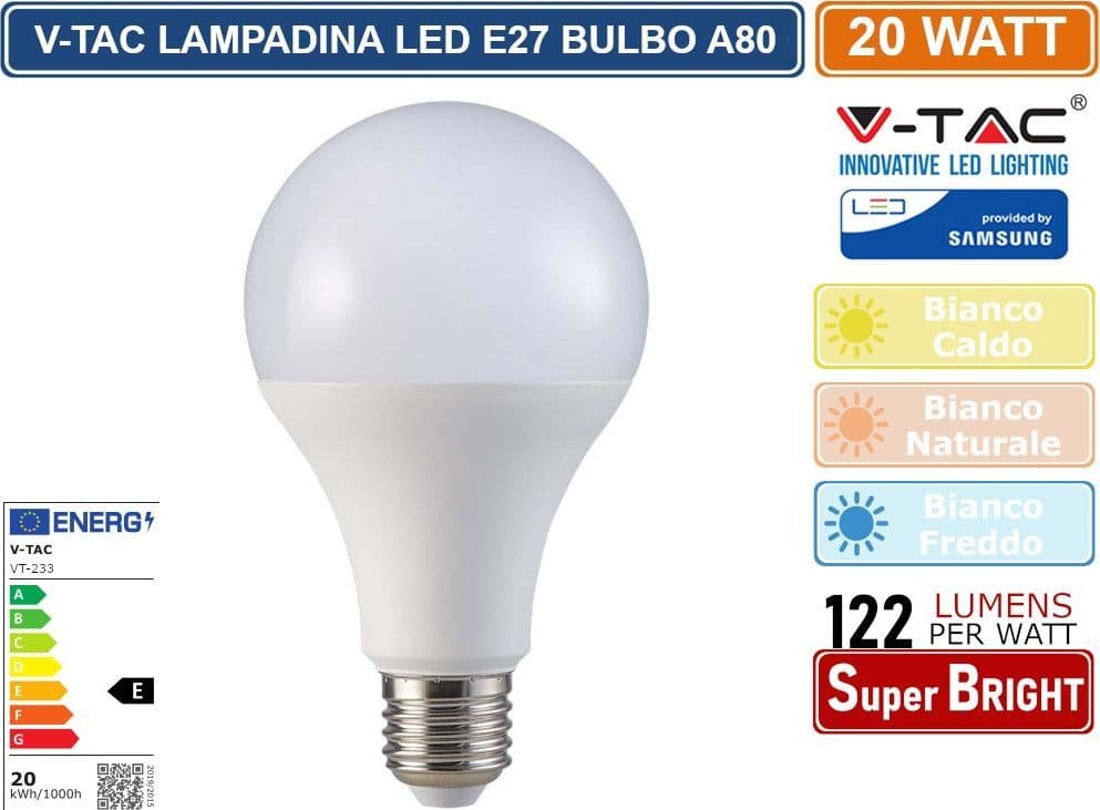 V-TAC VT-233 LAMPADINA LED E27 20W BULB A80 GOCCIA SMD CHIP SAMSUNG - SKU 21237 / 21238 / 21239 - 3
