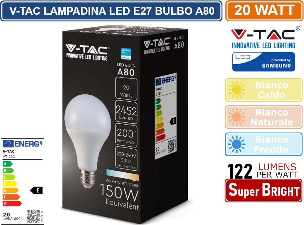 V-TAC VT-233 LAMPADINA LED E27 20W BULB A80 GOCCIA SMD CHIP SAMSUNG - SKU 21237 / 21238 / 21239 - 2
