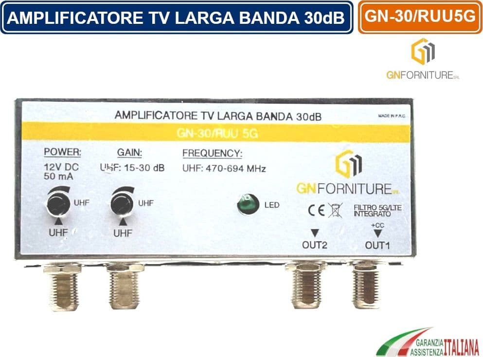 AMPLIFICATORE TV LARGA BANDA 30dB CON FILTRO 5G/LTE INTEGRATO PER DVB-T2 2 INGRESSI 2 USCITE - 2