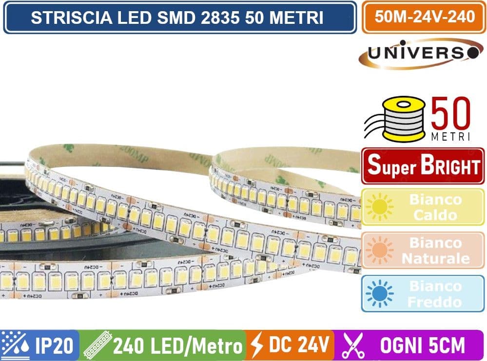 STRISCIA LED SMD 2835 BOBINA DA 50 METRI 20W/M 24V MONOCOLORE 240 LED/METRO 120000 LUMEN IP20 - 2