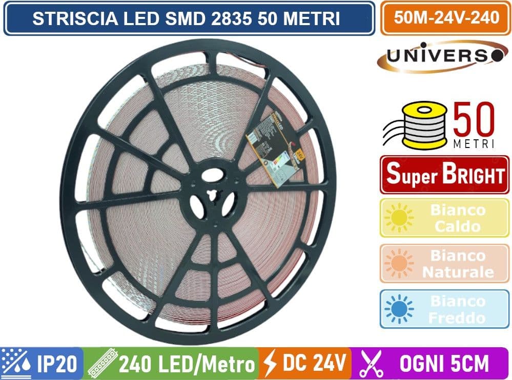 STRISCIA LED SMD 2835 BOBINA DA 50 METRI 20W/M 24V MONOCOLORE 240 LED/METRO 120000 LUMEN IP20 - 3