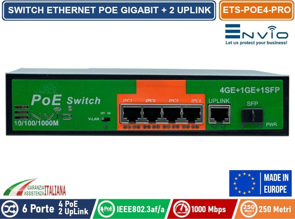 6 PORTE SWITCH ETHERNET POE GIGABIT 4 PORTE GE + 1 UPLINK GE + 1 UPLINK GE SFP - 2