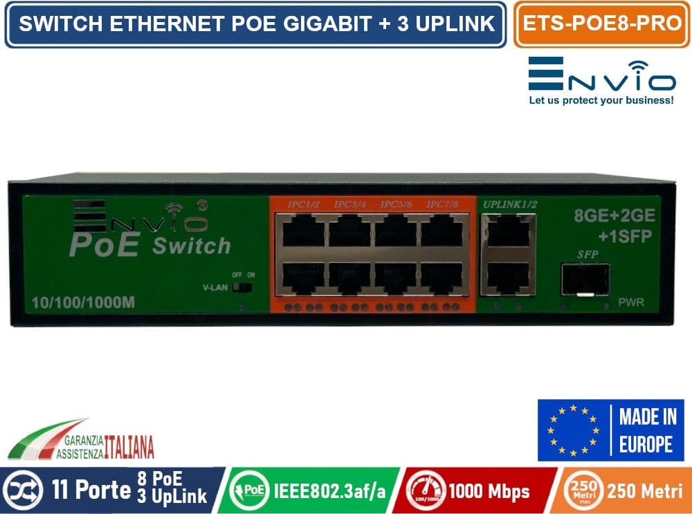 11 PORTE SWITCH ETHERNET POE GIGABIT 8 PORTE GE + 2 UPLINK GE + 1 UPLINK GE SFP - 2
