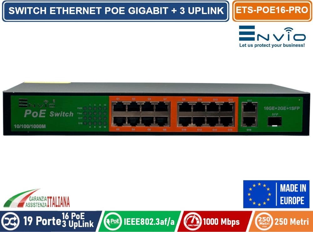 19 PORTE SWITCH ETHERNET POE GIGABIT 16 PORTE GE + 2 UPLINK GE + 1 UPLINK GE SFP - 2