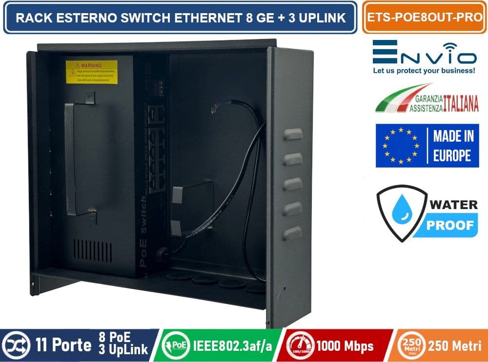 RACK DA ESTERNO CON SWITCH ETHERNET POE GIGABIT 8 PORTE GE + 2 UPLINK GE + 1 UPLINK GE SFP - 2