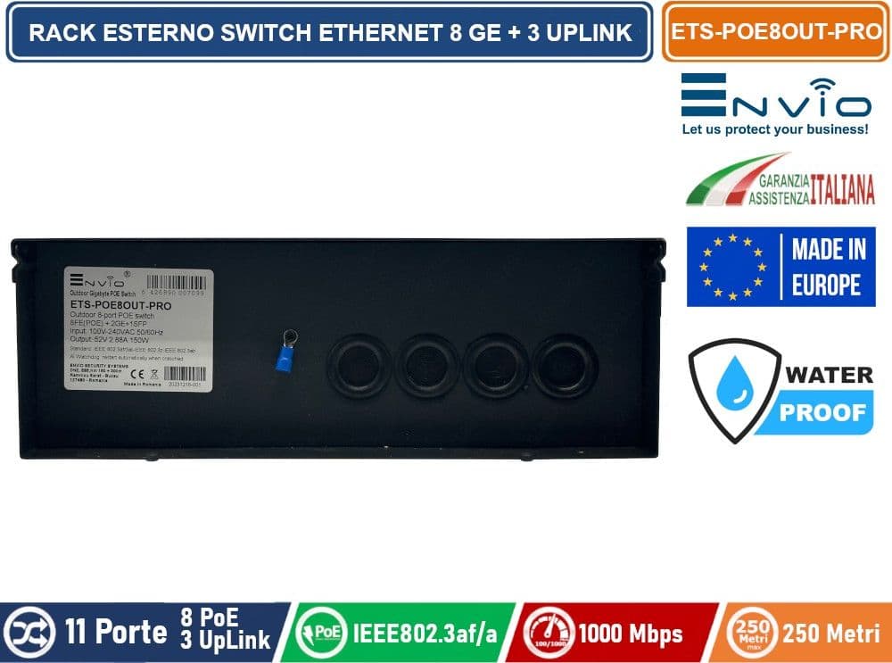 RACK DA ESTERNO CON SWITCH ETHERNET POE GIGABIT 8 PORTE GE + 2 UPLINK GE + 1 UPLINK GE SFP - 3