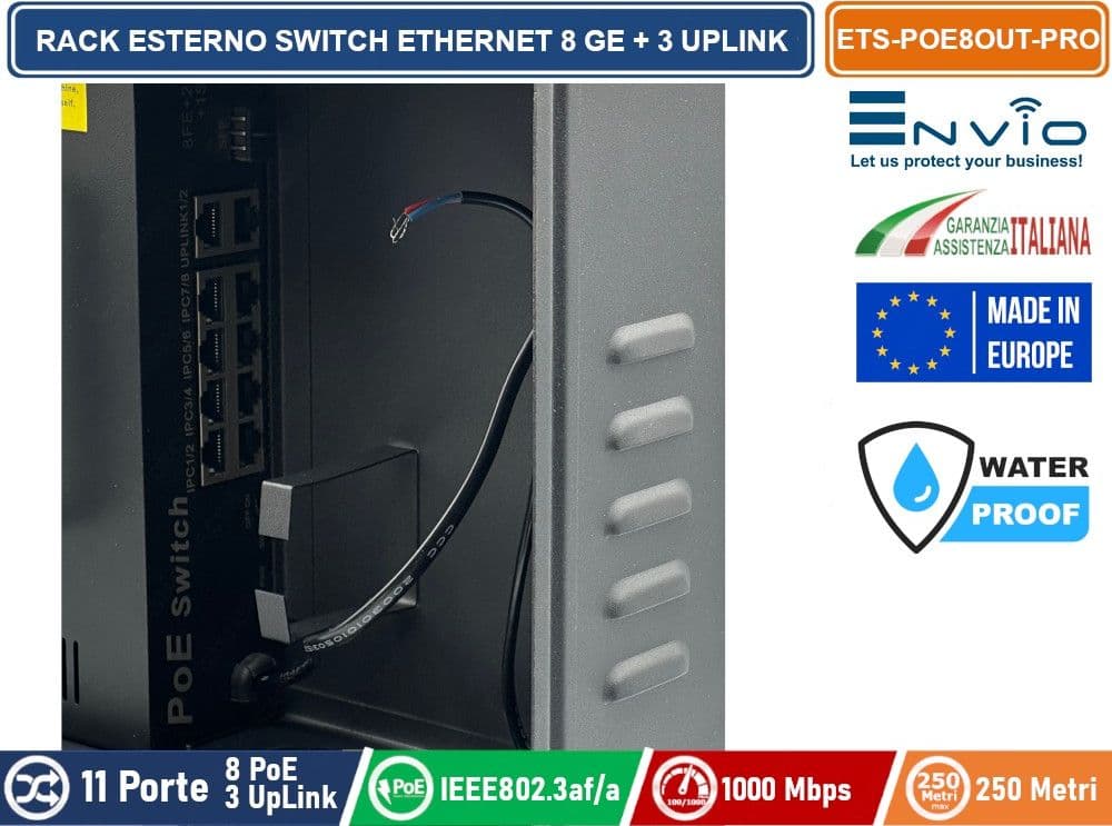 RACK DA ESTERNO CON SWITCH ETHERNET POE GIGABIT 8 PORTE GE + 2 UPLINK GE + 1 UPLINK GE SFP - 4